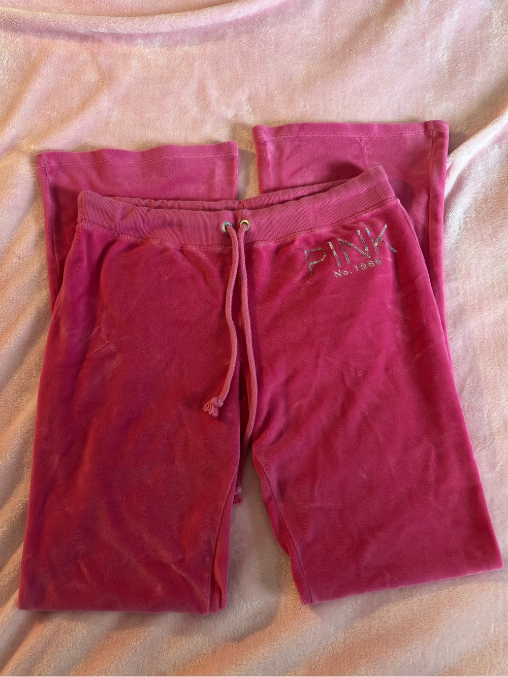Vintage VS PINK Hot Pink and Silver Velour Low Rise Flare Pants Medium